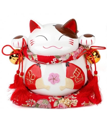 8吋 紅扇招財貓正品陶瓷擺件-開業-婚慶禮品